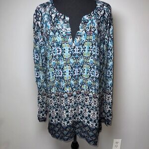 J. Jill Blue Paisley Damask Split Neck Tunic Blouse Womens Large Long Sleeve